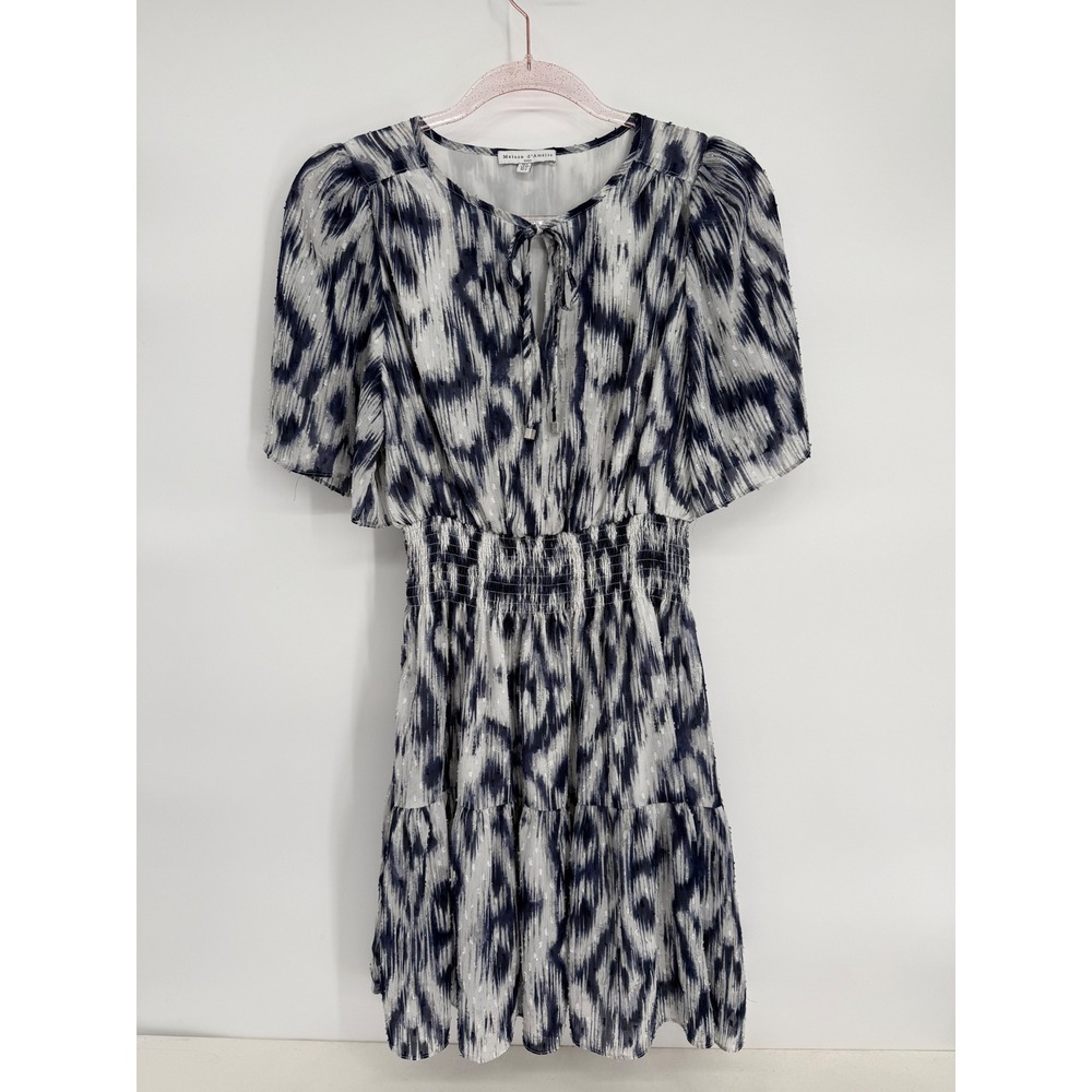 Maison‎ Di Amelie Paris Black White Tiered Midi Dress Flutter Sleeve Tie Sz S